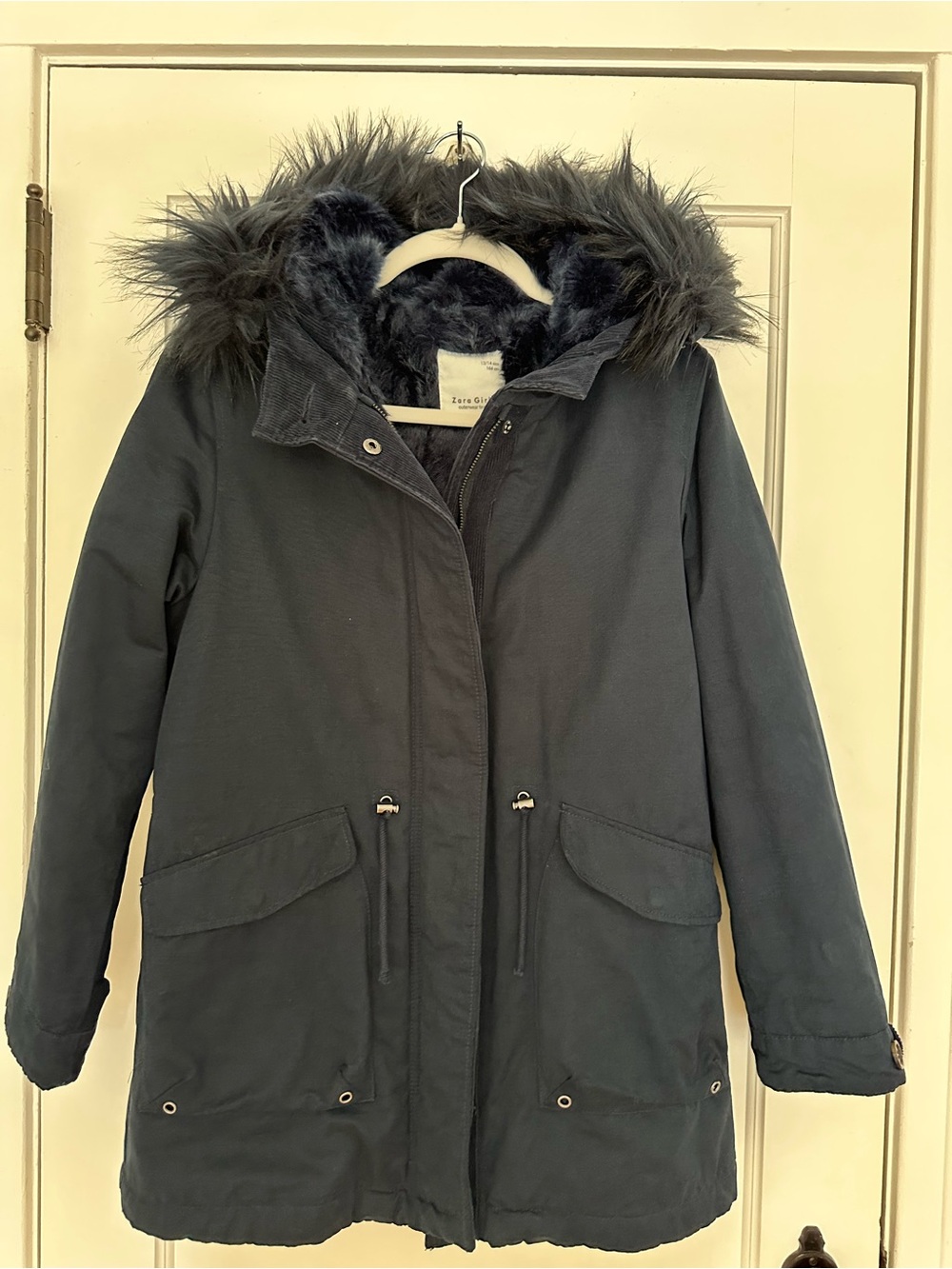 Zara Girl size 13/14 Navy Faux-Fur Hooded Parka Jacket
